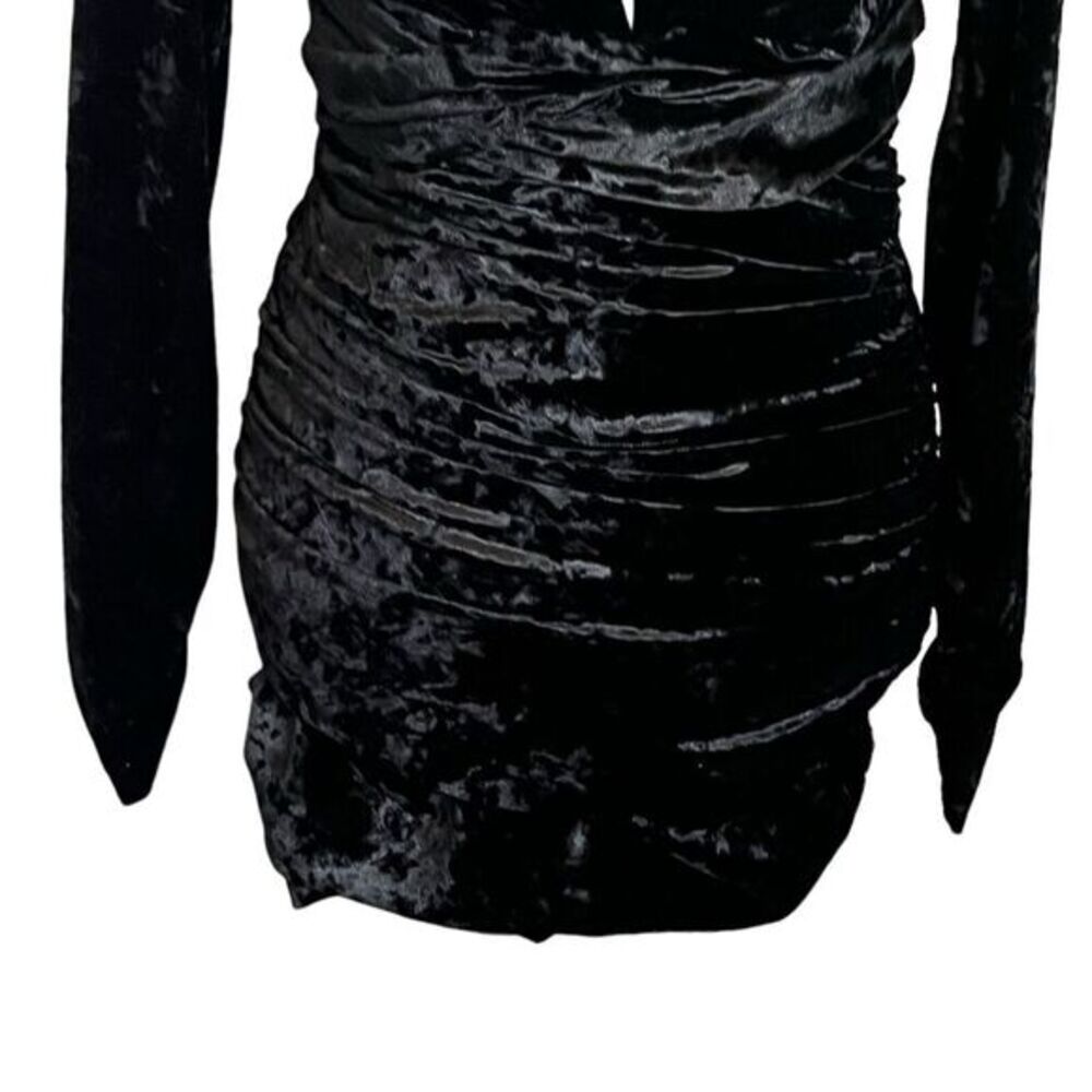 ZARA Ruched Velvet Mini Dress Women’s XS Black Long‎ Sleeve V-Neck Cocktail - Picture 4 of 13